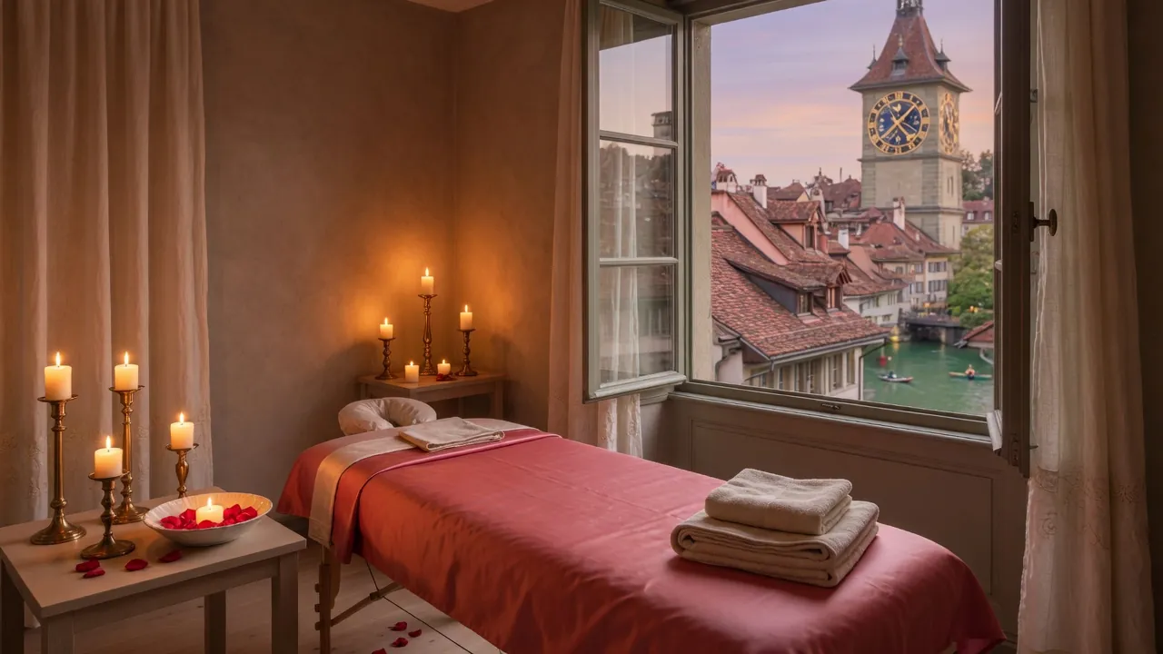 Erotische Massage Bern: ein Massageraum im Kerzenlicht mit rosenrotem Seidentuch, durchs Fenster die Altstadt, die Aare und der Zytglogge in der Abenddämmerung